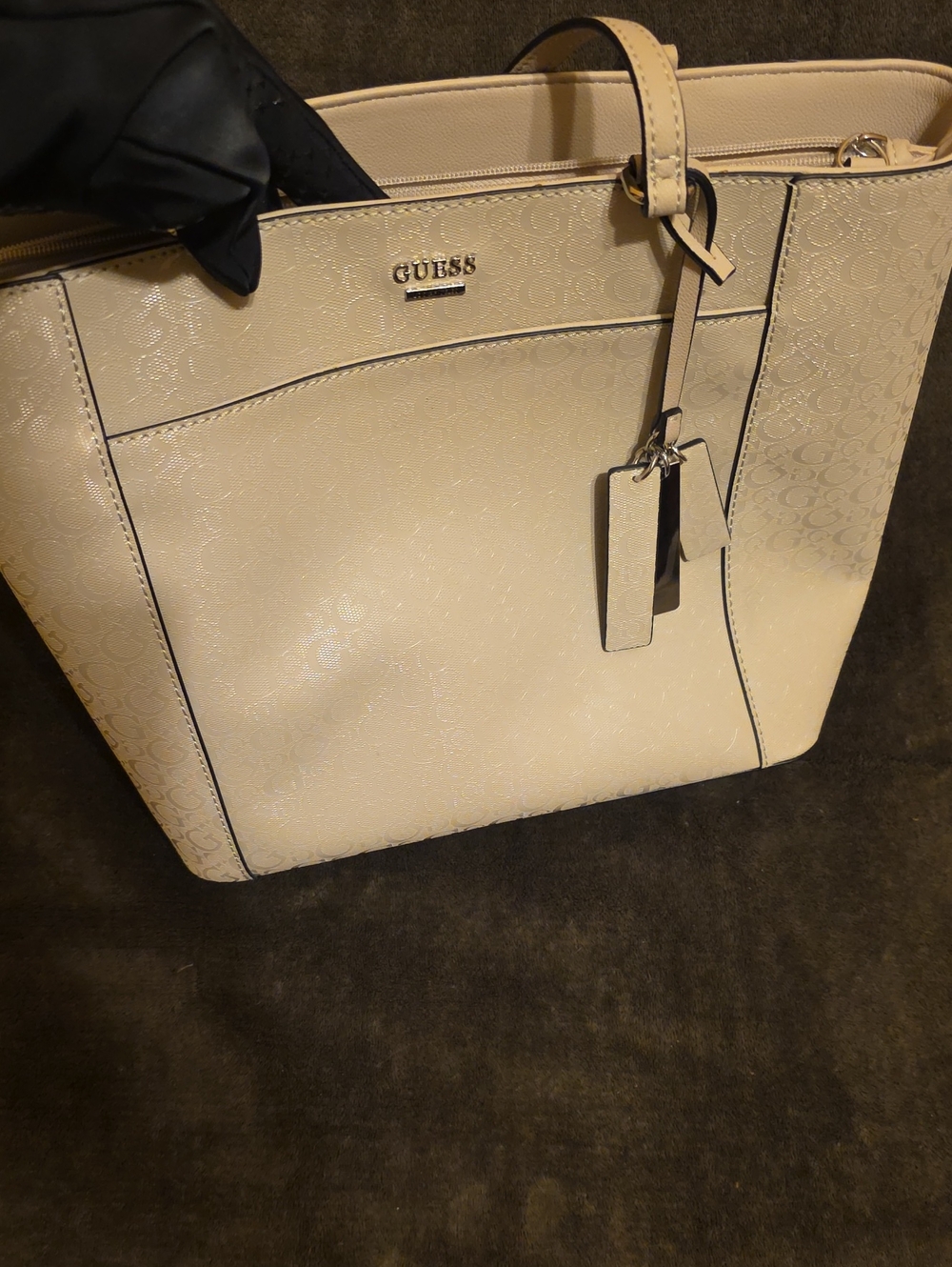 GUESS Cream Logo-Embossed Tote with Dark Trim Accent